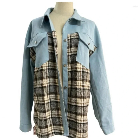 Plaid patchwork on light denim jacket XL NWT shirt - Picture 2 of 8